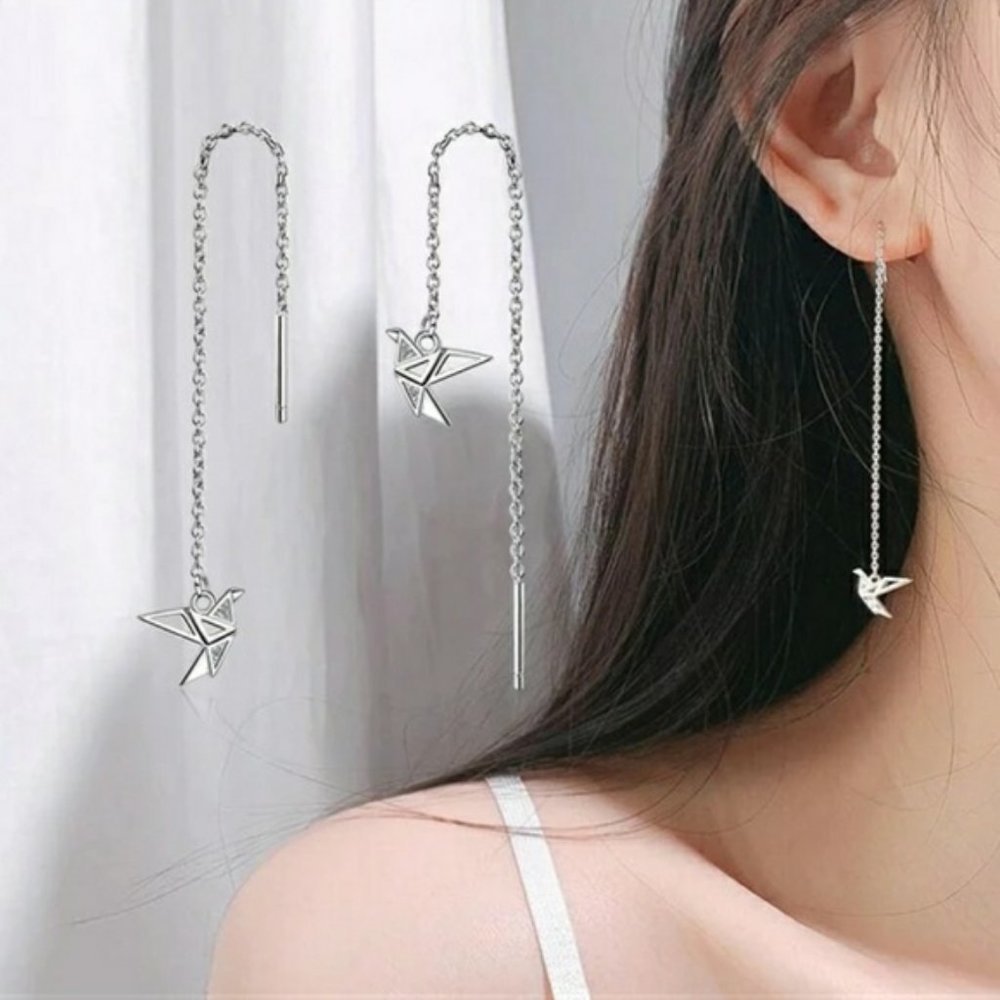 NEW Sterling Silver Diamond Paper Crane Earrings